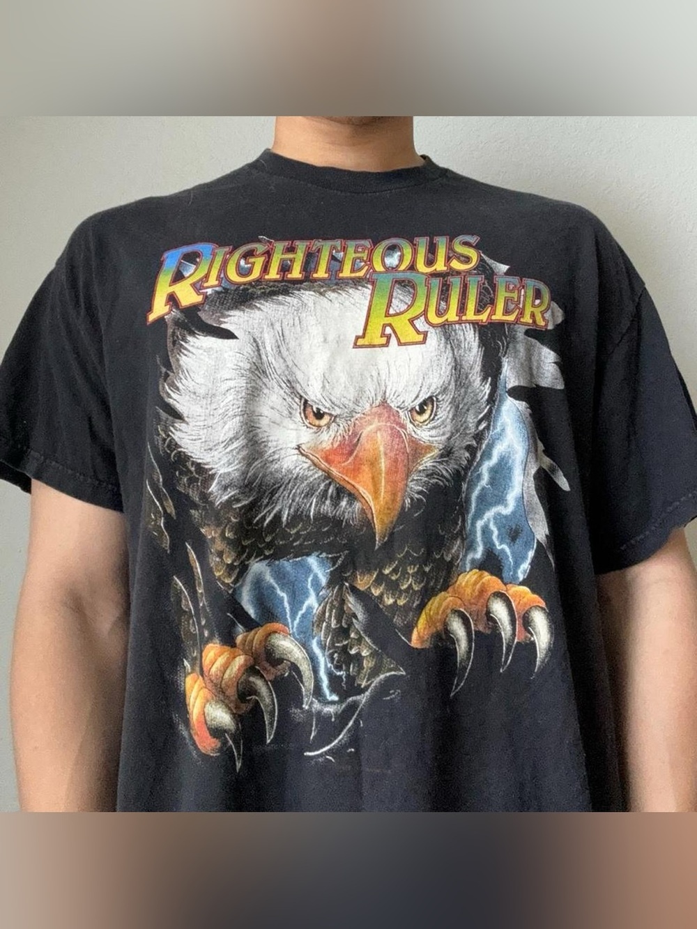 Vintage 1990s Thunder Sportswear Righteous Ruler Graphics Black Tee Shirt